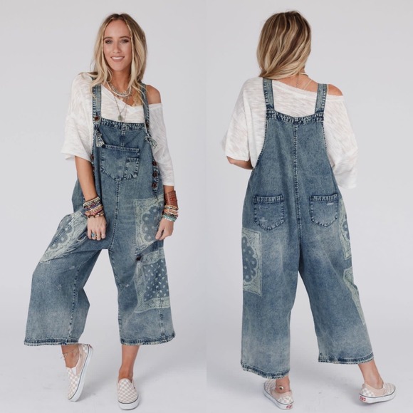 NWT Three Bird Nest High Hopes Slouchy Denim Overalls M Blue Bandana Jumpsuit - Picture 2 of 13